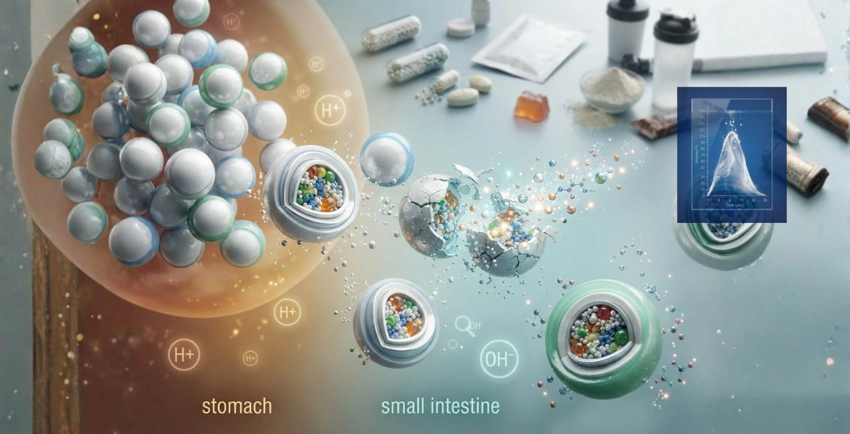 Delayed-release nutraceutical beadlets with protective coating layers designed to control the timing of active ingredient release.