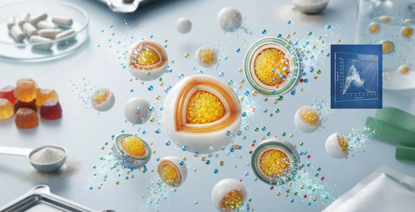 Sustained-release nutraceutical beadlets with protective coating layers designed to control the gradual release of active ingredients.