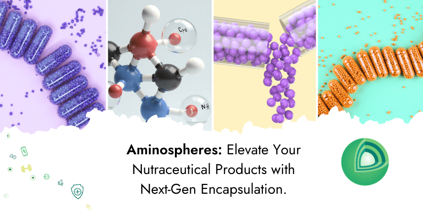 Colorful 3D visuals of encapsulated molecules and compounds promoting advanced Aminospheres (Encapsulation) technology for nutraceutical delivery