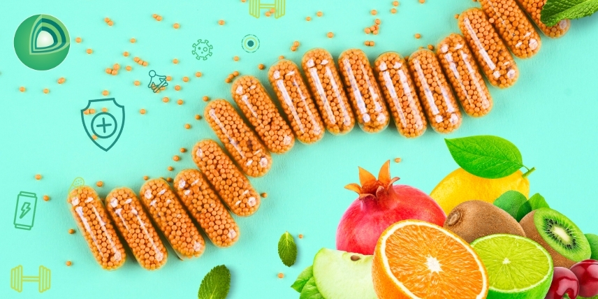 Encapsulated orange supplement capsules with fruit slices and umang nutraceuticals brand icons, representing innovative fibersphere supplementation.